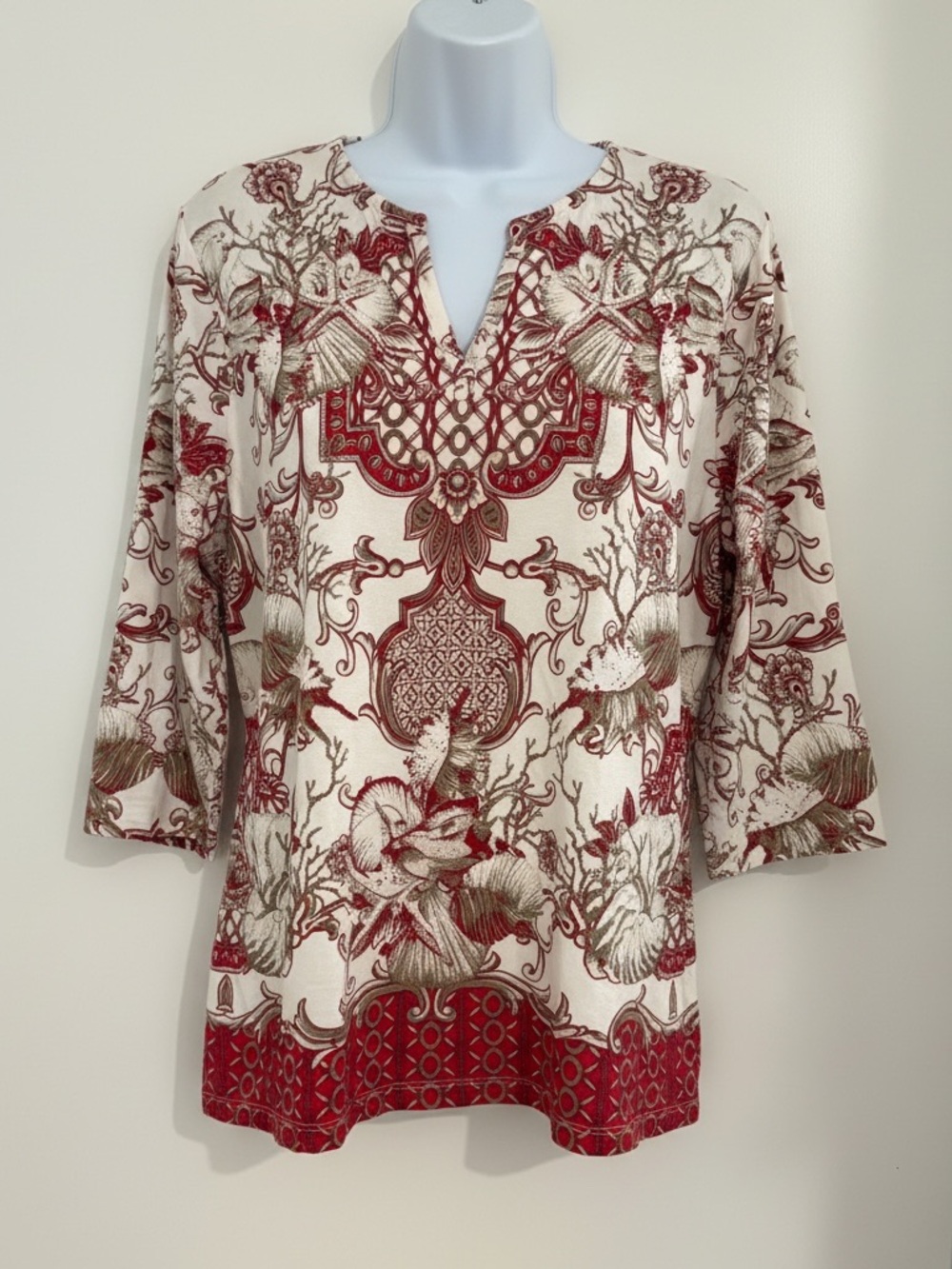 Chico's Cream Tunic with Red and Olive Floral Print